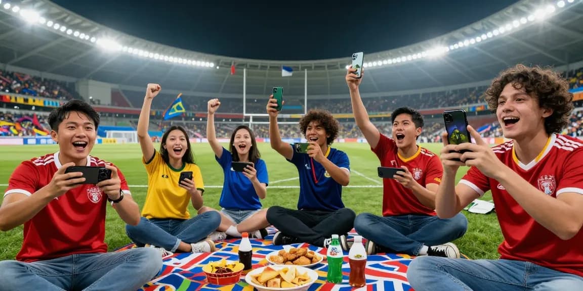 Soccer fans celebrating live match on mobile with excitement, source كورة لايف.