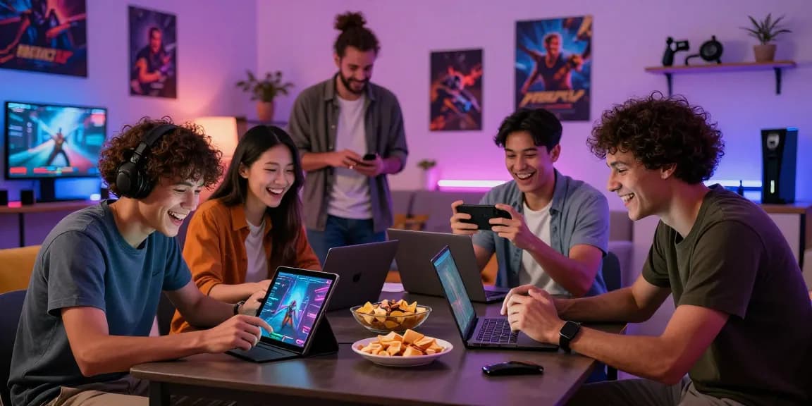 Group enjoying an online game together in a cozy living room with vibrant décor.
