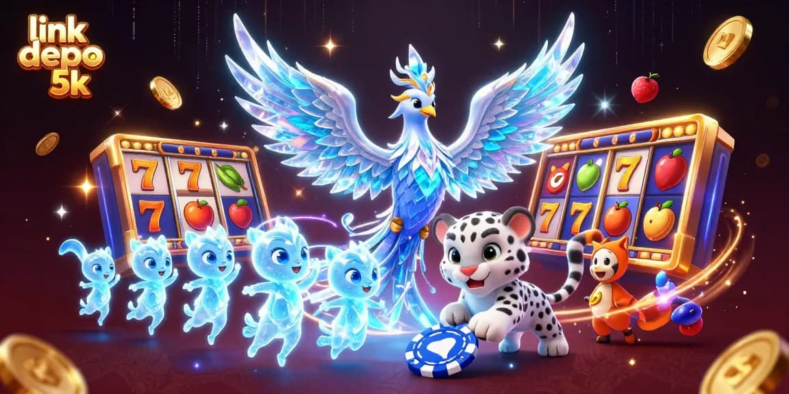 Play link depo 5k slots with an enchanting ice phoenix and fun characters in a vibrant casino scene