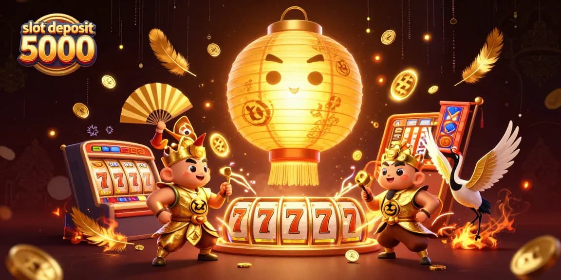 Experience slot deposit 5000 action with golden lanterns and slot reels in vibrant 3D illustration.