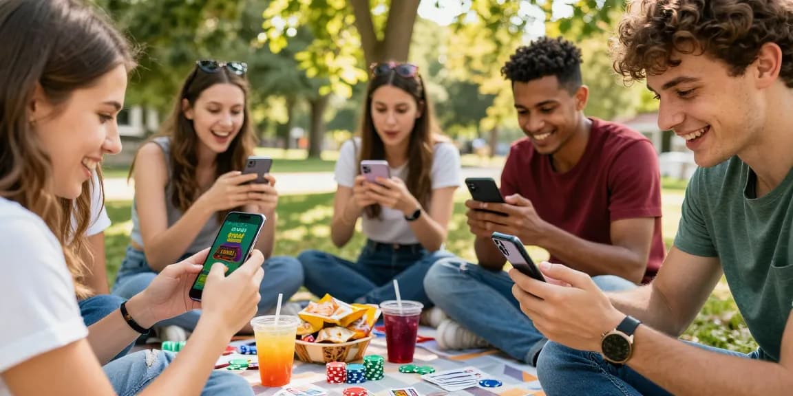 Group playing Teen Patti Gold apk file outdoors with smartphones and snacks.