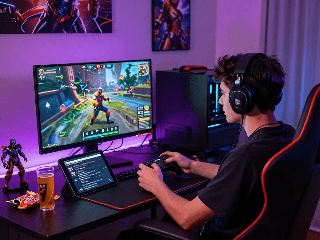 Mind control porn gaming scene with player focused on immersive graphics, modern setup.