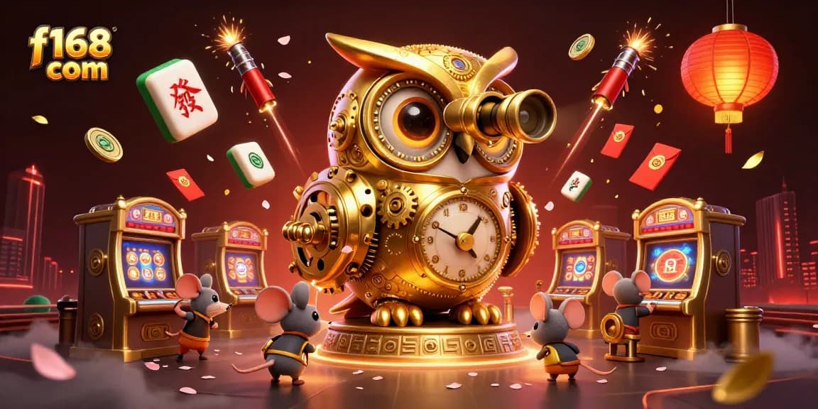 Experience vibrant gaming at f168 com with golden owl overseeing a bustling casino floor.