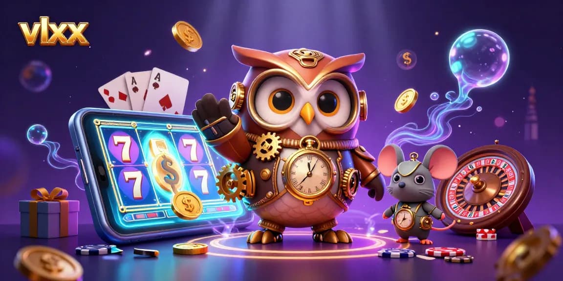 Win big with vlxx in a vibrant casino scene featuring a time-traveler owl and engaging slots.