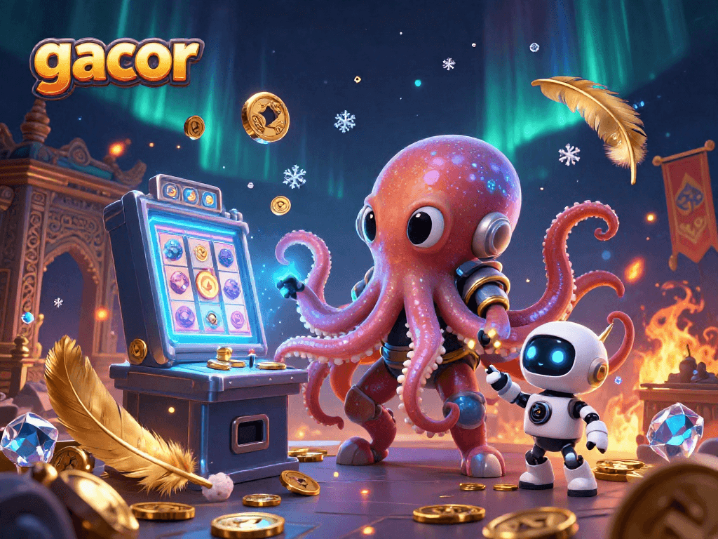Engage with gacor slots as an alien octopus spins giant reels in a cosmic casino illustration.