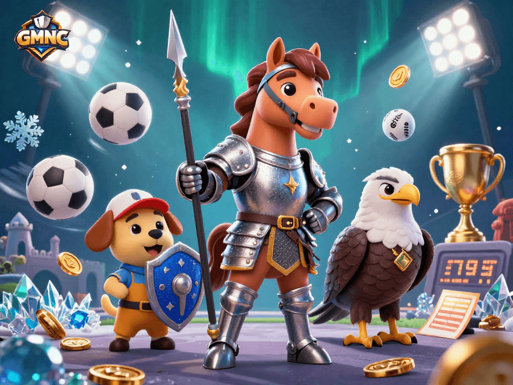 Bet on GMNC sports betting with cartoon knight, puppy squire, and falcon in action.
