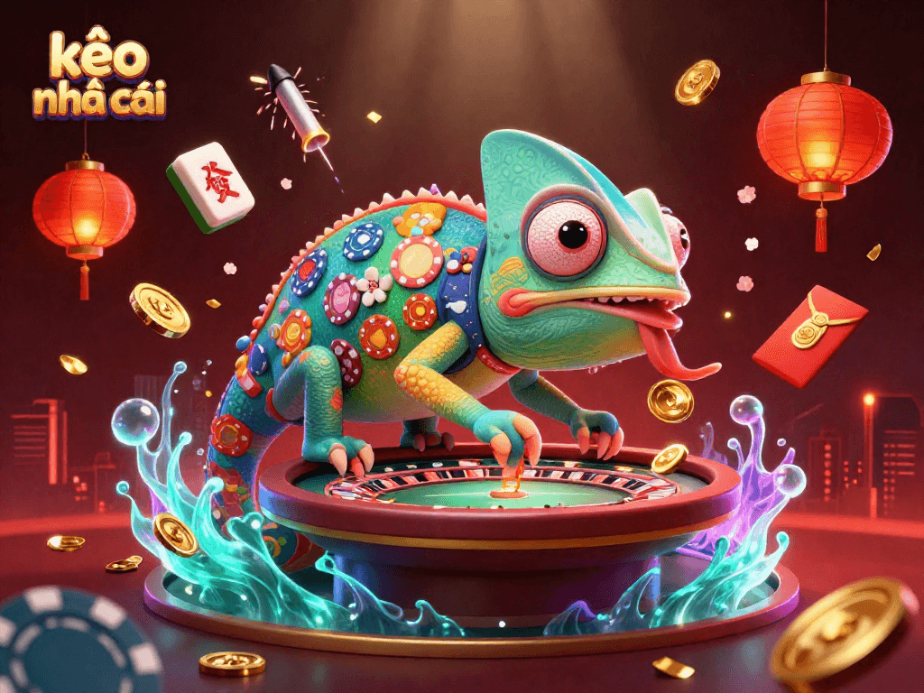 Experience thrilling wins with kèo nhà cái showcased in vibrant casino scene featuring a chameleon owner and festive elements.