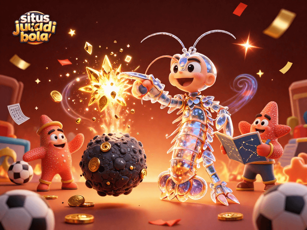 Situs judi bola illustration with galactic samurai and starfish amidst dynamic sports betting elements, creating an engaging gaming atmosphere.