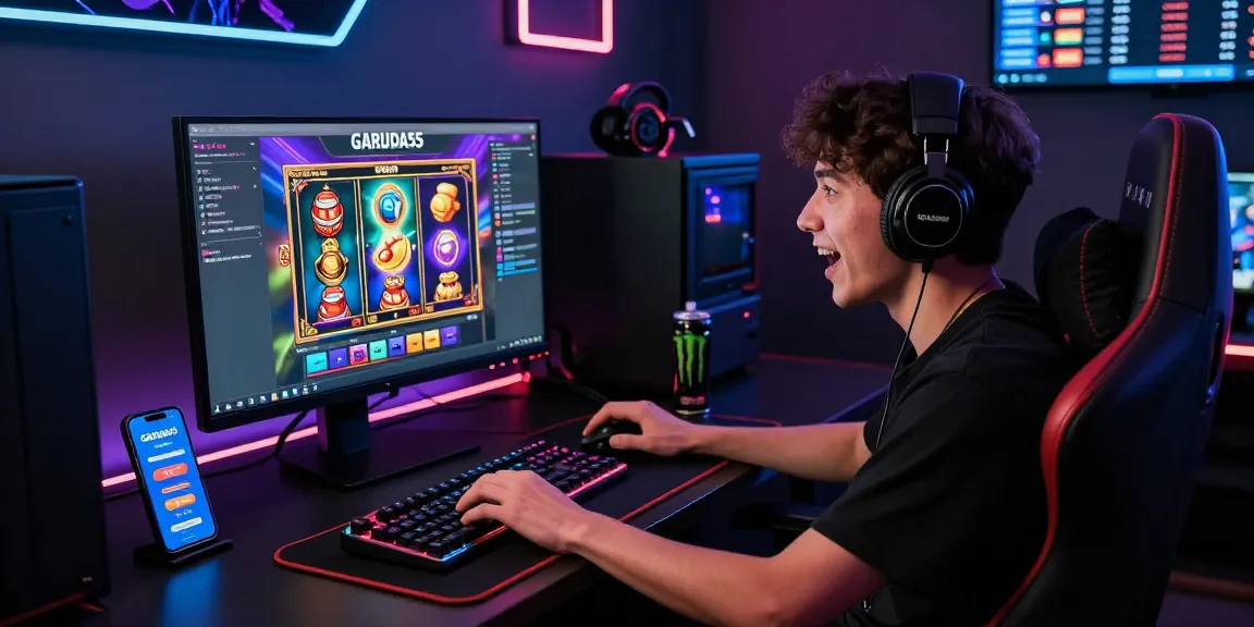 Gamer immersed in GARUDA55 slot gaming experience, showcasing vibrant graphics and promotional offers in a cozy gaming setup.