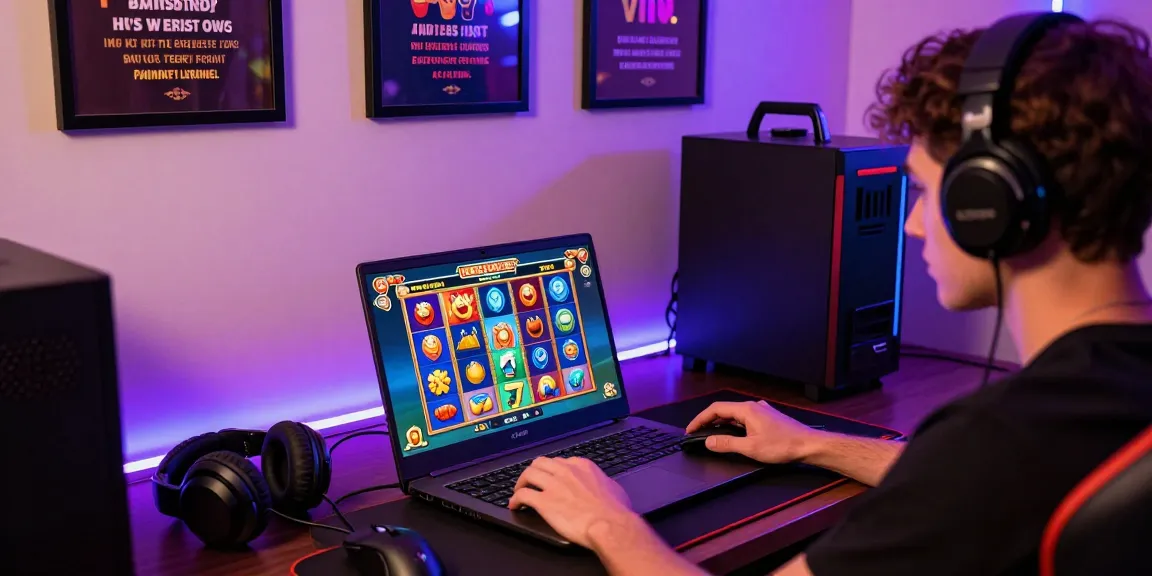 Engaged user playing demo slot games on a vibrant laptop setup, showcasing colorful graphics and accessories.