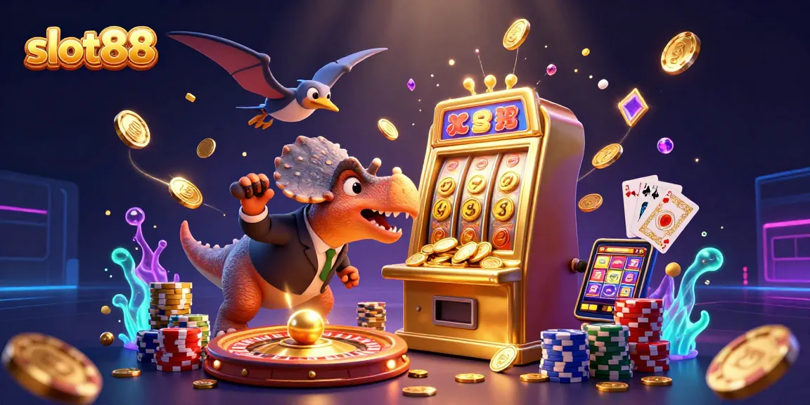Permainan slot88 dihadirkan dengan ikonik dino yang menghancurkan mesin slot untuk jackpot, dikelilingi oleh uang emas dan kartu bermain.