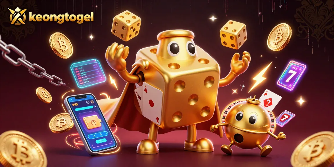 Engage in thrilling spins at keongtogel with a vibrant 3D scene of a golden dice golem and crypto coins