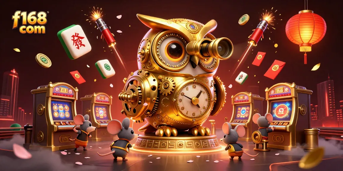 Experience vibrant gaming at f168 com with golden owl overseeing a bustling casino floor.