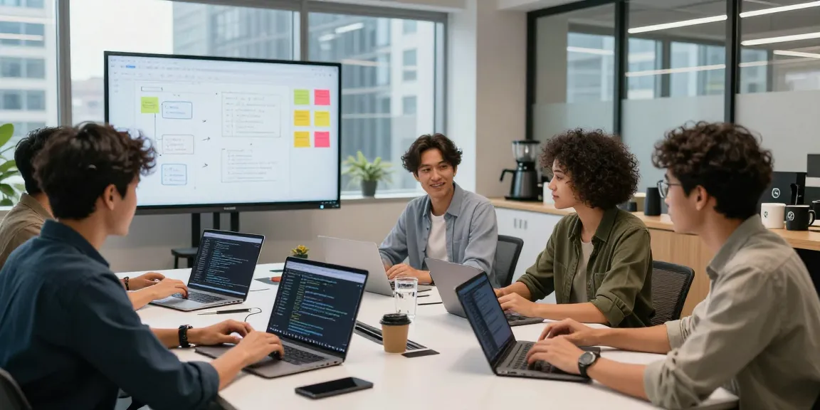 Team collaborating on innovative AI agents in a vibrant tech workspace, showcasing laptops and brainstorming materials.