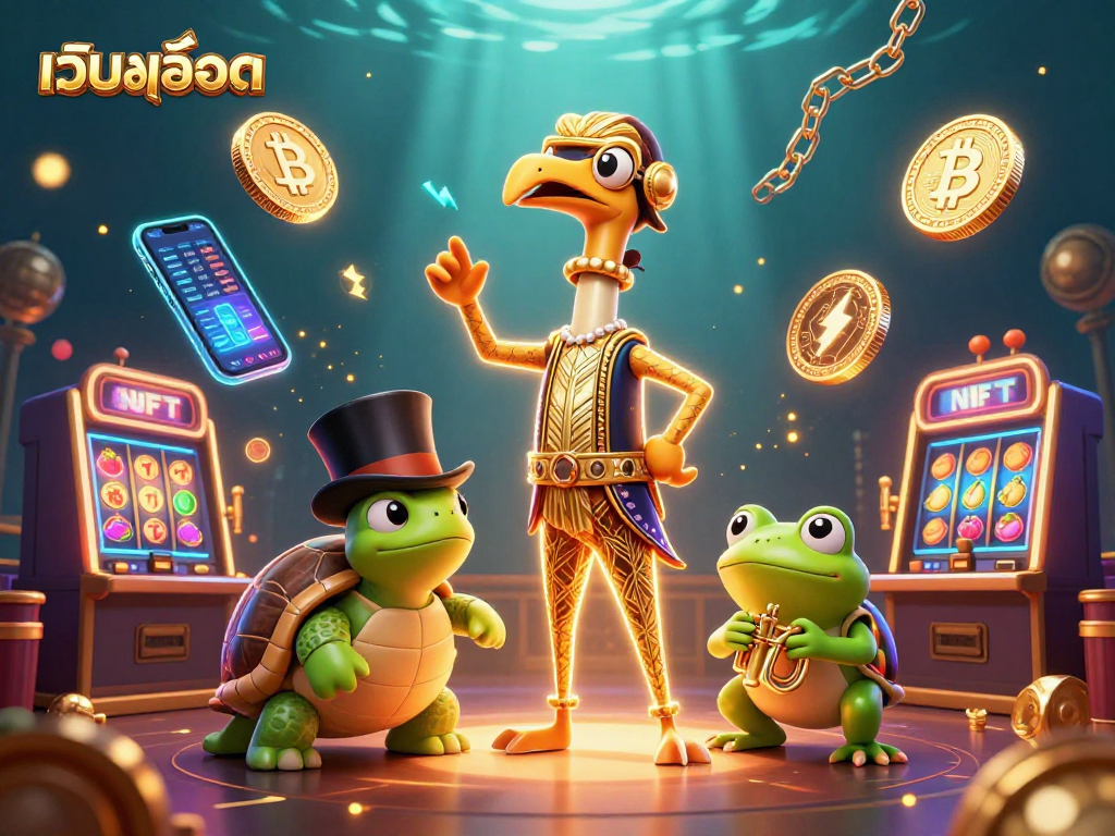 Experience the thrill of เว็บสล็อต with vibrant slot machines and dynamic characters in this immersive 3D scene.