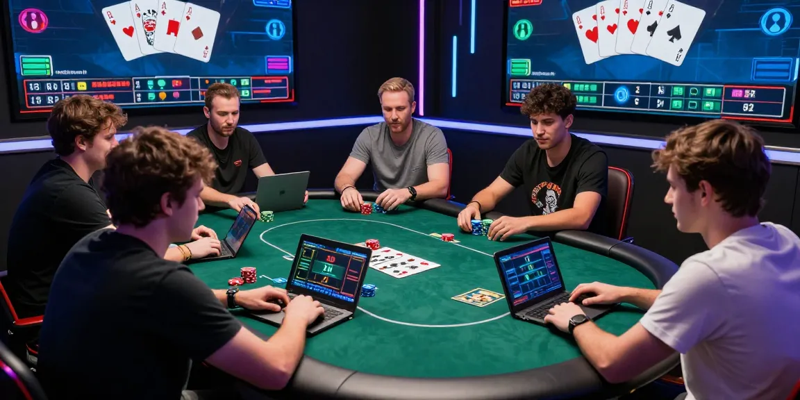 Permainan poker online di Dewapoker dengan pemain bersemangat di meja virtual.