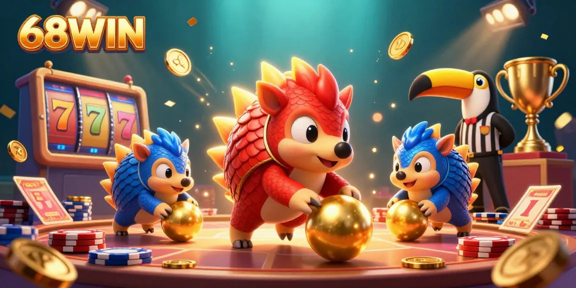 Win big at 68WIN with dynamic pangolins bowling through gold coins in an exciting casino scene.