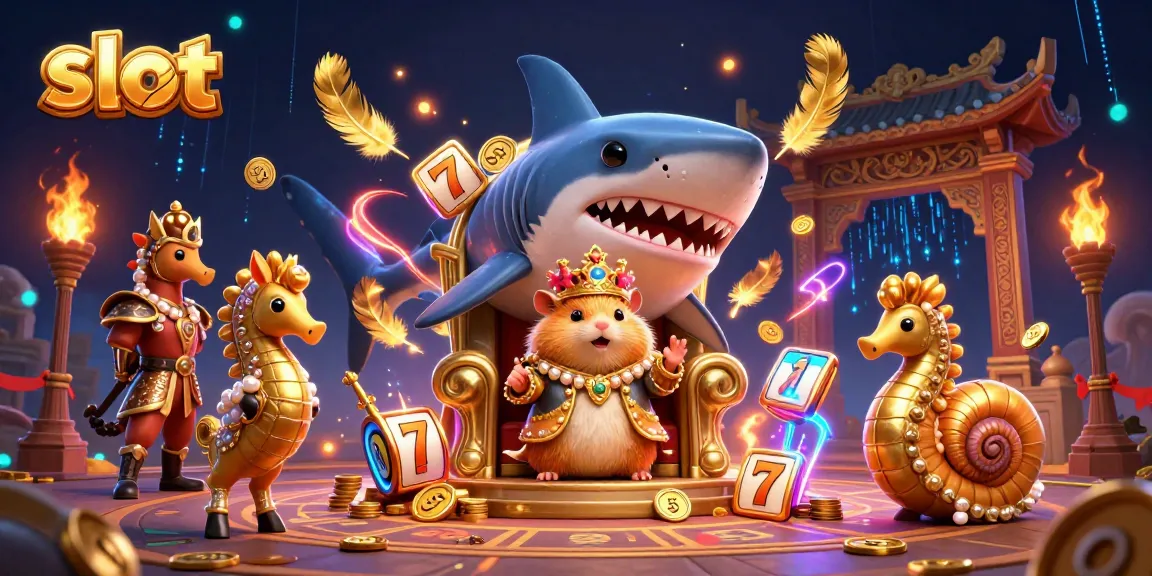 Slot gacor hari ini: RajaHamster kecil di atas kursi gigi hiu dengan simbol slot berkilau.