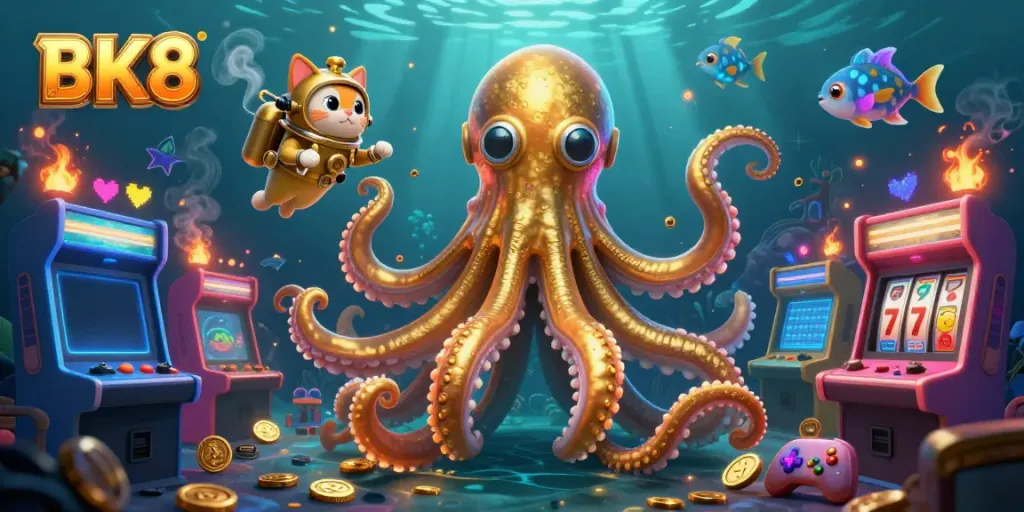 Experience thrilling games at BK8 with our giant kraken and diving cat in a vibrant casino scene.