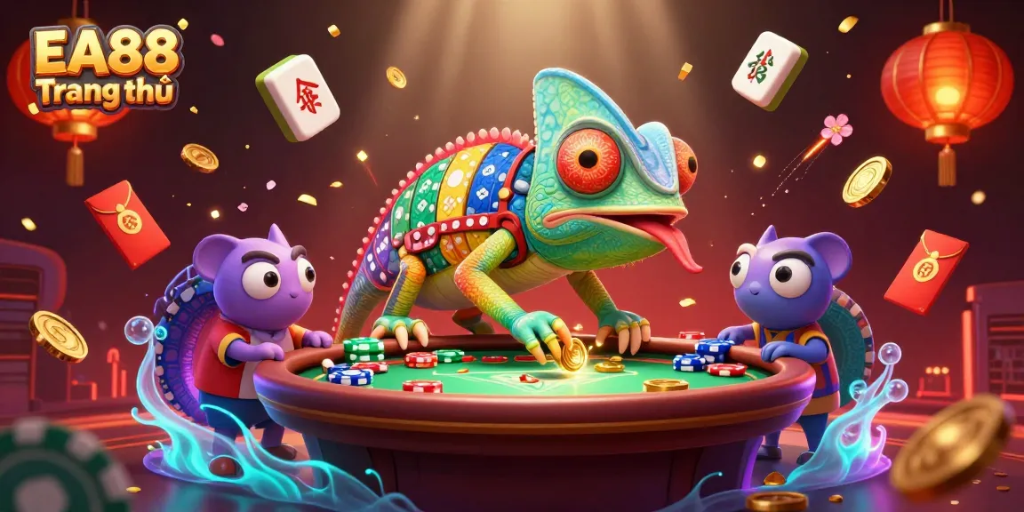 Experience the vibrant excitement of EA88 Trang chủ with colorful casino elements and a playful chameleon owner.