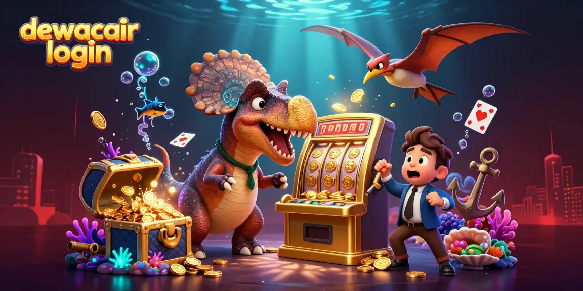 Dewacair login scene with a cartoon dinosaur creating a jackpot at a slot machine, catching golden coins in a vibrant casino