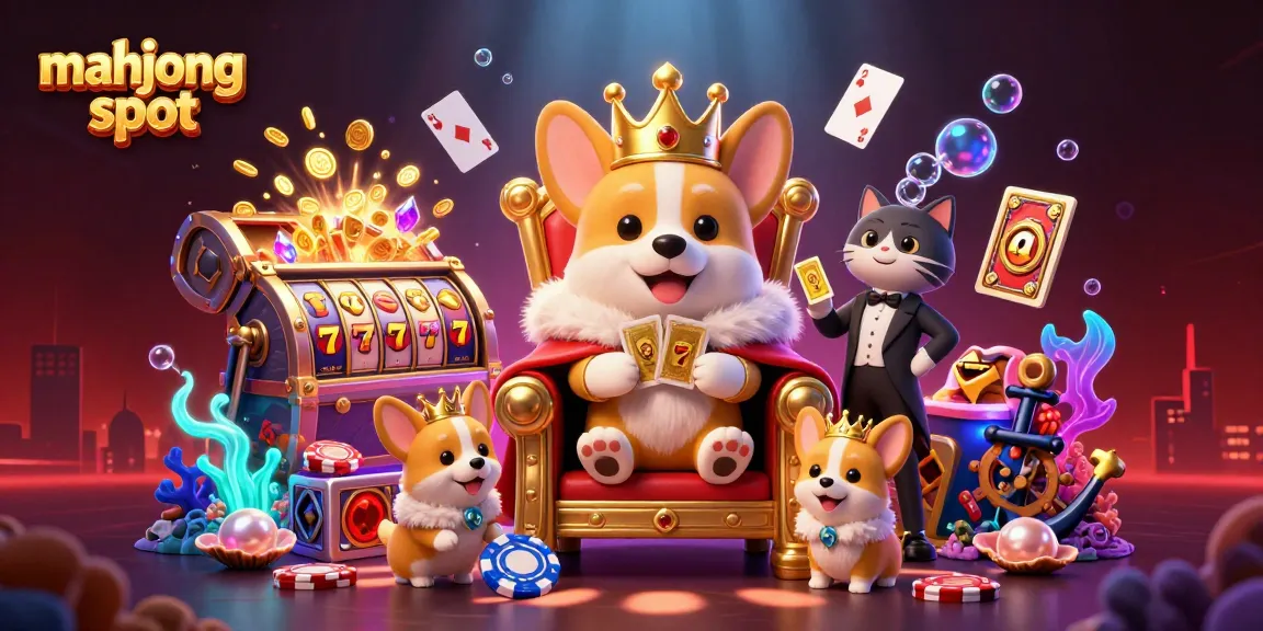 Experience excitement with mahjong slot as royal corgi and friends celebrate wins amidst vibrant casino elements.
