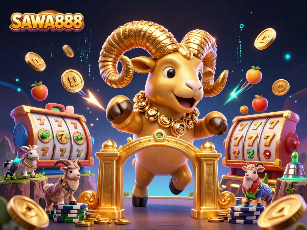 SAWA888 showcases a golden ram charging through a casino gateway, surrounded by vibrant slot game elements.