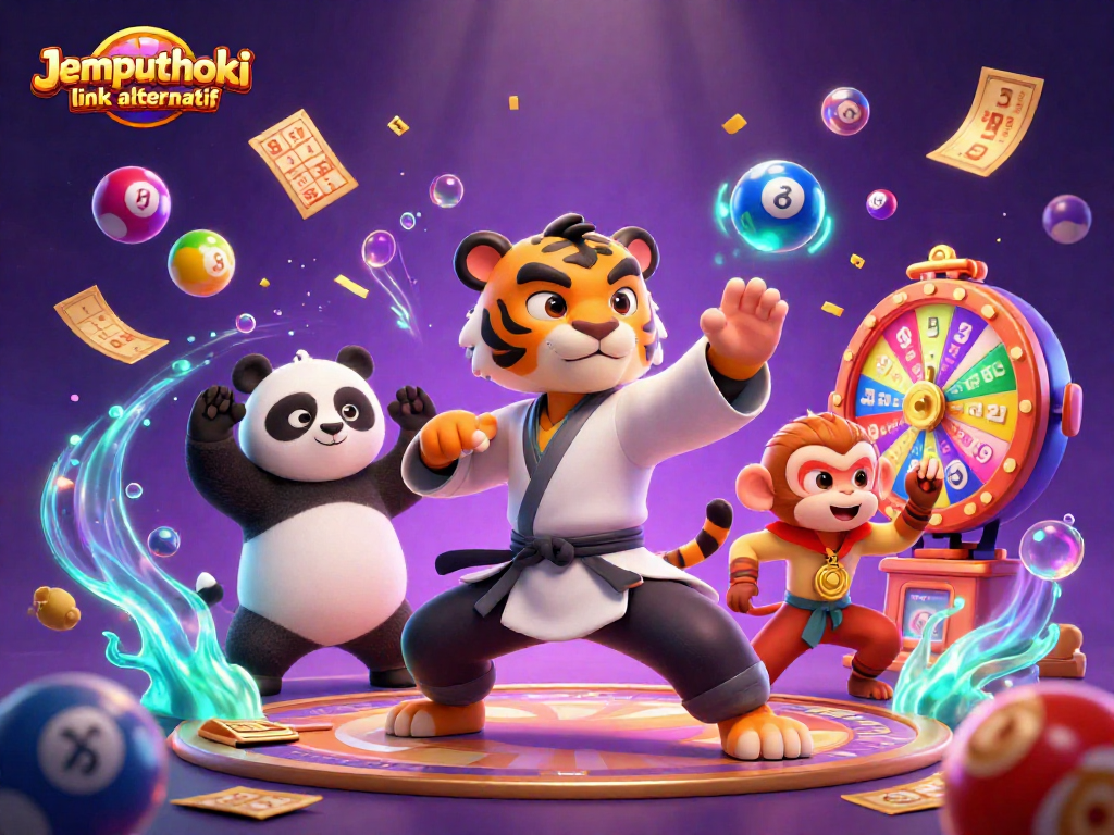 Play to win with Jemputhoki link alternatif's vibrant gambling illustration featuring a kung fu master and colorful lottery elements.