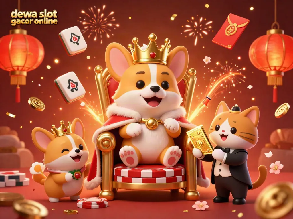Gambarkan aksi seru permainan dewa slot gacor online dengan corgi kerajaan dan unsur kasino yang meriah.