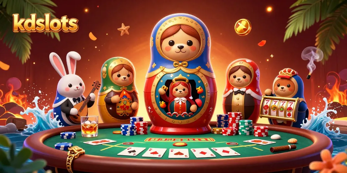 Engage in thrilling slot action at kdslots with an exciting casino-themed illustration featuring colorful characters.
