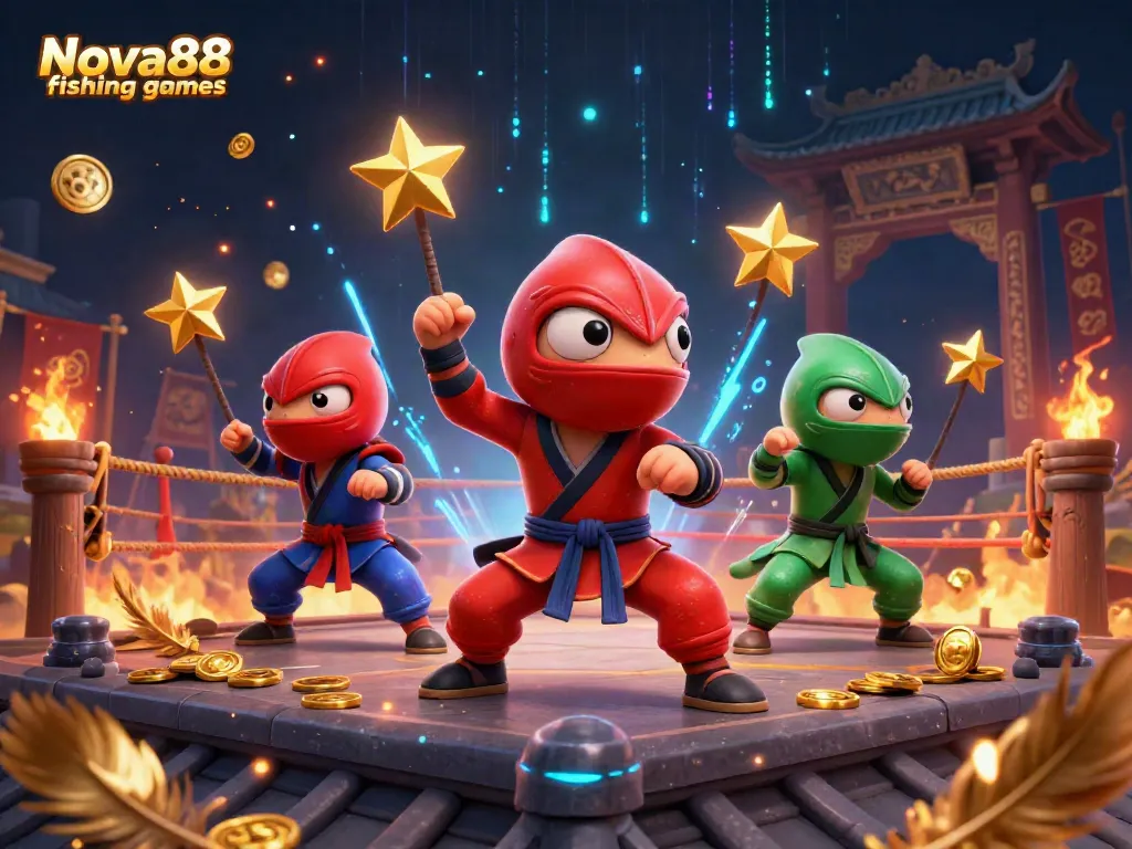 Experience the thrill of Nova88 fishing games with energetic ninja chameleons amidst gold coins and dynamic game elements.