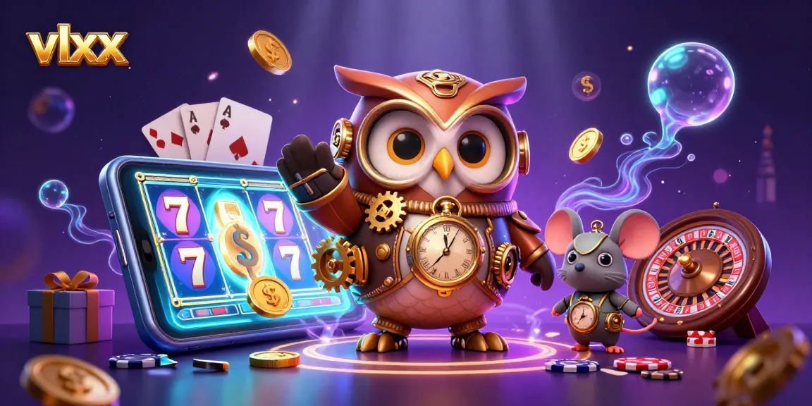 Win big with vlxx in a vibrant casino scene featuring a time-traveler owl and engaging slots.