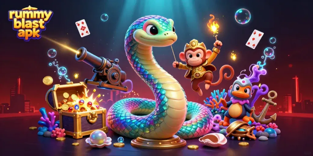 Engage with the vibrant world of Rummy Blast APK, featuring a dynamic scene of colorful gameplay elements and characters.