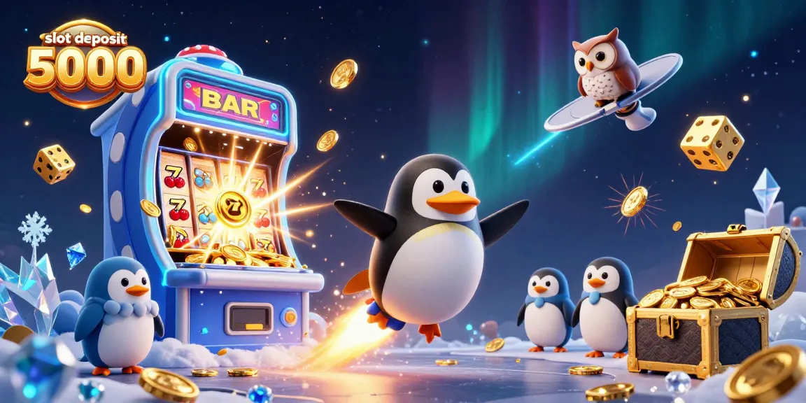 Engage with the slot deposit 5000 action featuring a golden penguin amidst thrilling casino elements and jackpot excitement.