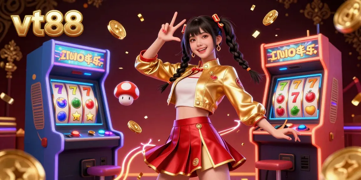 Engage with vt88 in a vibrant casino scene filled with dynamic slot reels and colorful game machines.