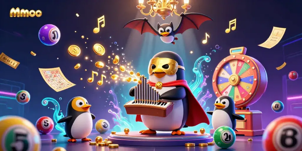 Engage with mmoo's vibrant gambling scene featuring a penguin organist and playful lottery elements.