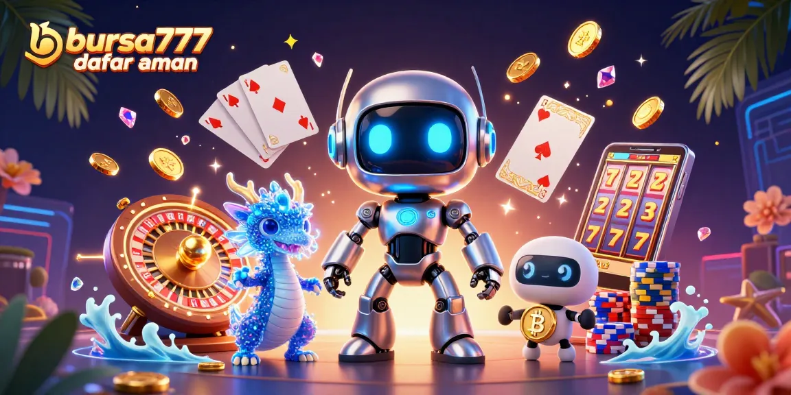 Bursa777 daftar aman features a vibrant 3D robot and holographic dragon amidst golden coins and a thrilling casino scene