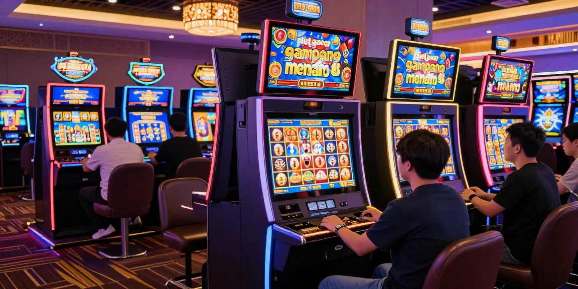 Permainan slot gacor gampang menang di kasino online dengan pemain merayakan kemenangan dan mesin slot berwarna-warni.