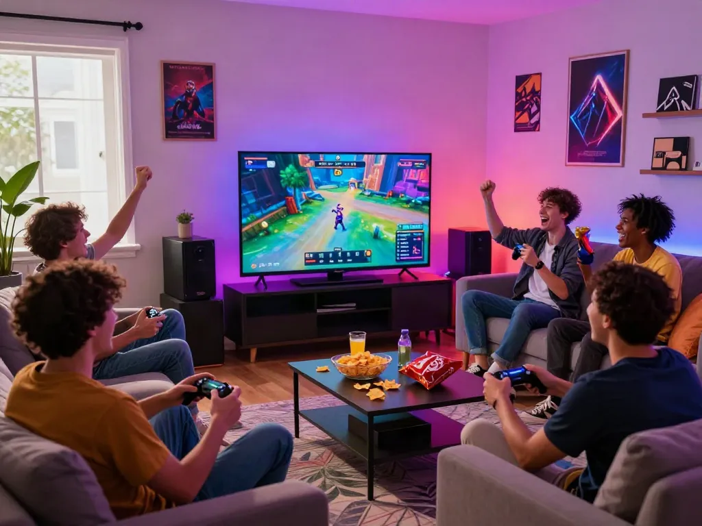 Friends enjoying a thrilling akunjp gaming session in a cozy living room, with snacks and vibrant decor.