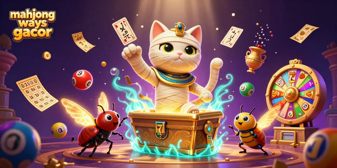 Engage in mahjong ways gacor as the Egyptian mummy cat celebrates jackpot wins in a vibrant casino setting.