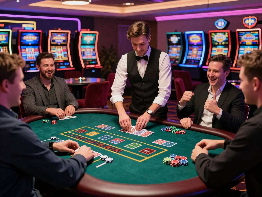 Exciting scene at UK credit card casinos with players enjoying card games and vibrant casino atmosphere.