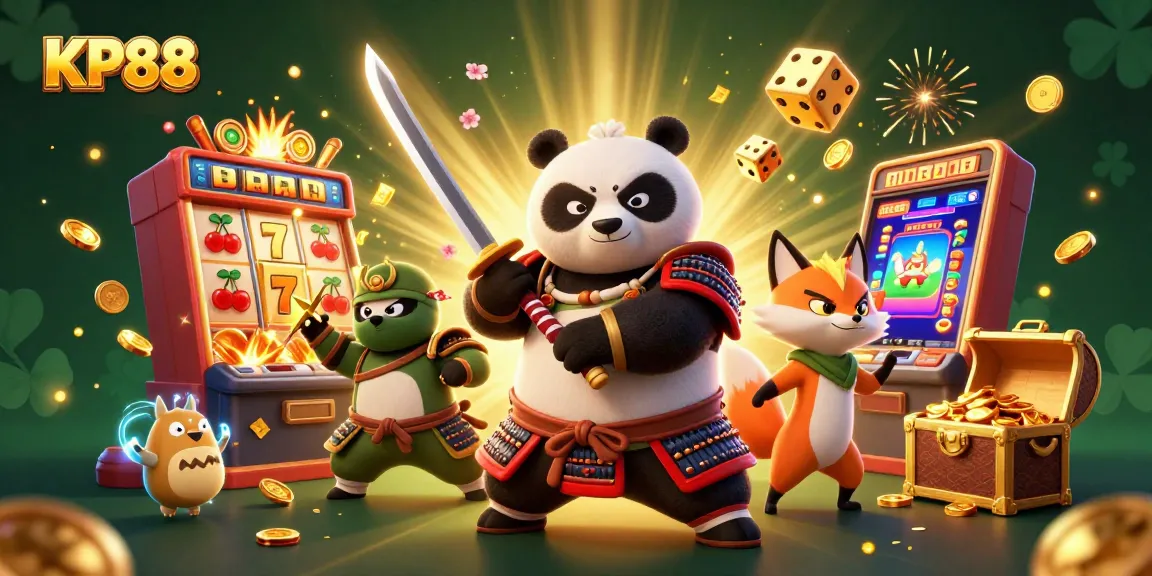 Engaging KP88 gaming experience with 3D samurai panda, ninja fox, and magical tanuki amidst vibrant casino elements.