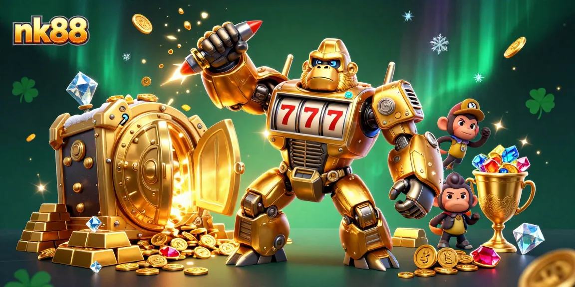 Engage with nk88 as a golden gorilla mech celebrates a big jackpot win amidst treasures and gems.