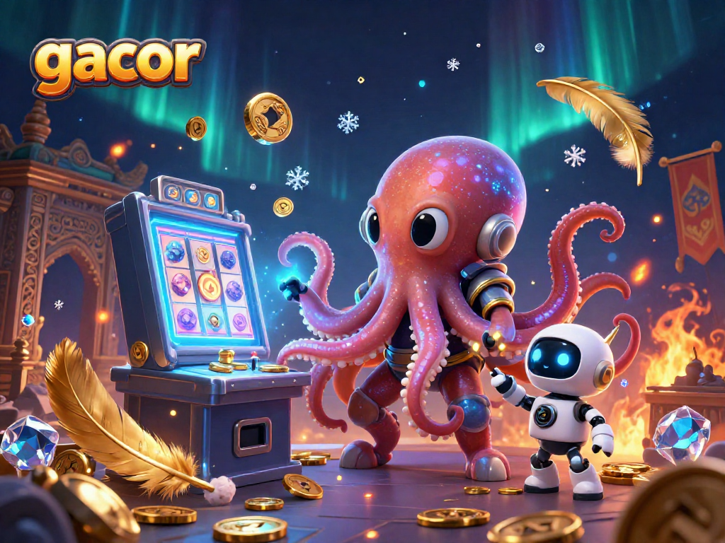Engage with gacor slots as an alien octopus spins giant reels in a cosmic casino illustration.