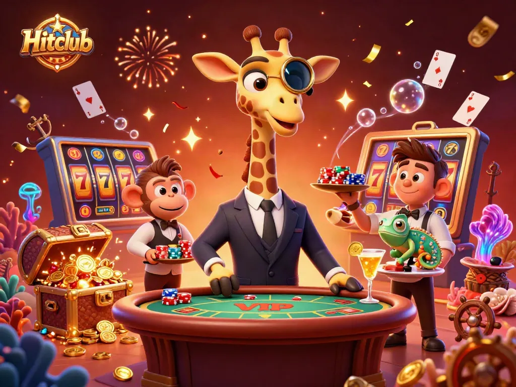 Hitclub brings excitement as a giraffe in a suit plays poker, surrounded by dynamic casino elements.