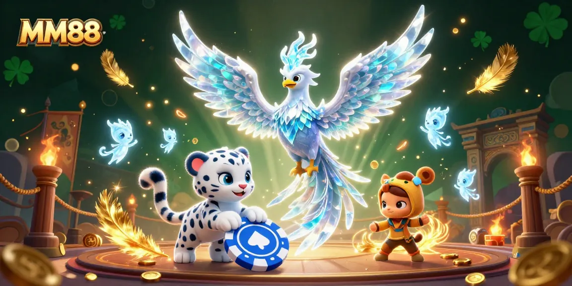 Engage with MM88 as the ice phoenix spreads prismatic light in a dynamic casino scene.