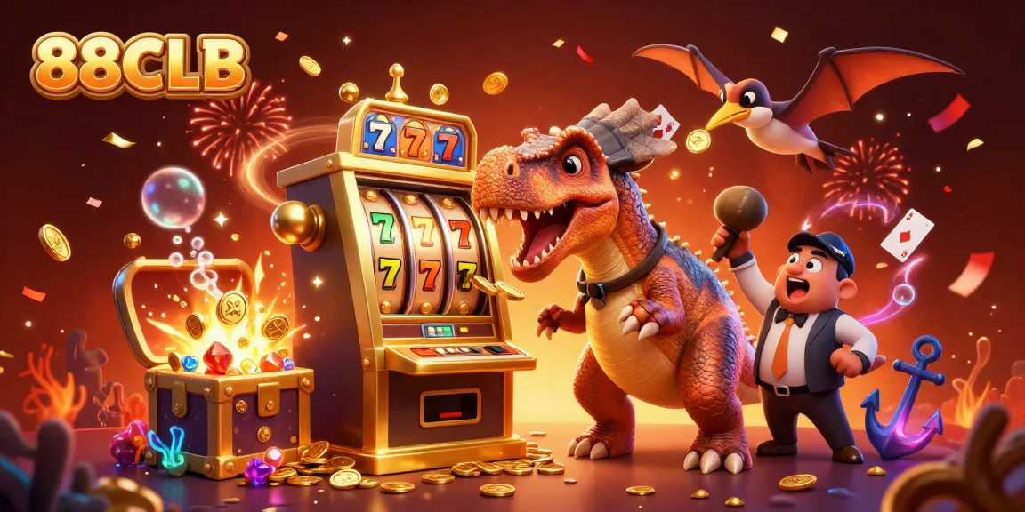 88CLB showcases a cartoon pachycephalosaurus winning jackpots with coins flying, creating a festive casino atmosphere.