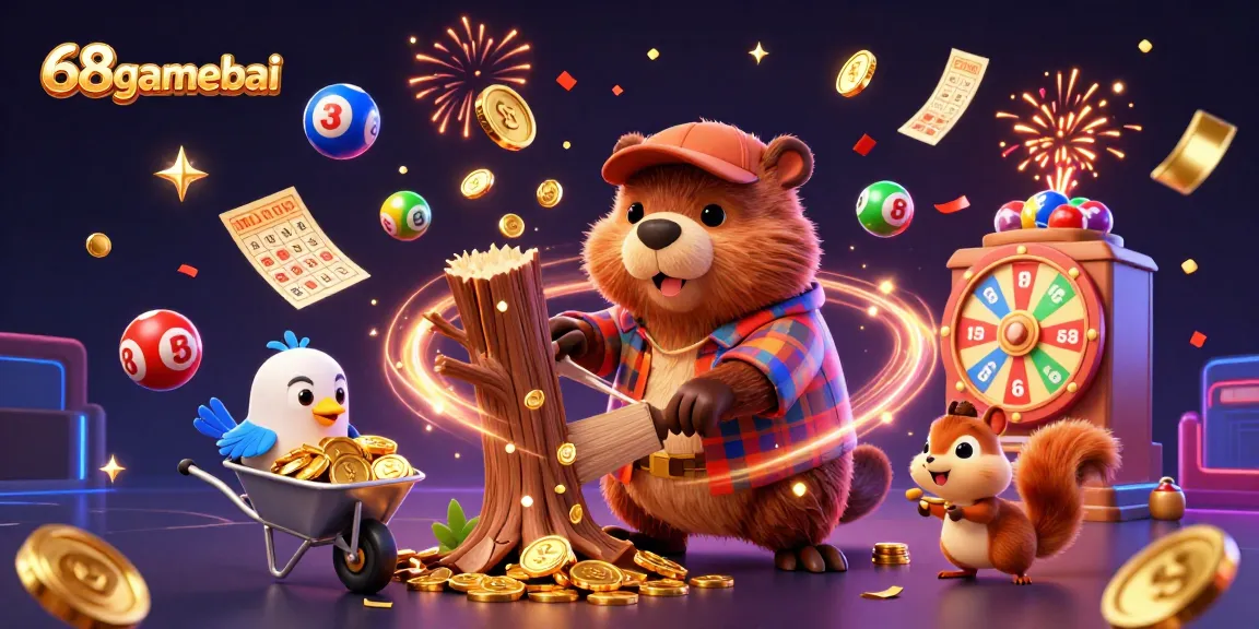 Engage with 68gamebai's vibrant gaming scene featuring a beaver collecting gold coins amid a rich casino atmosphere