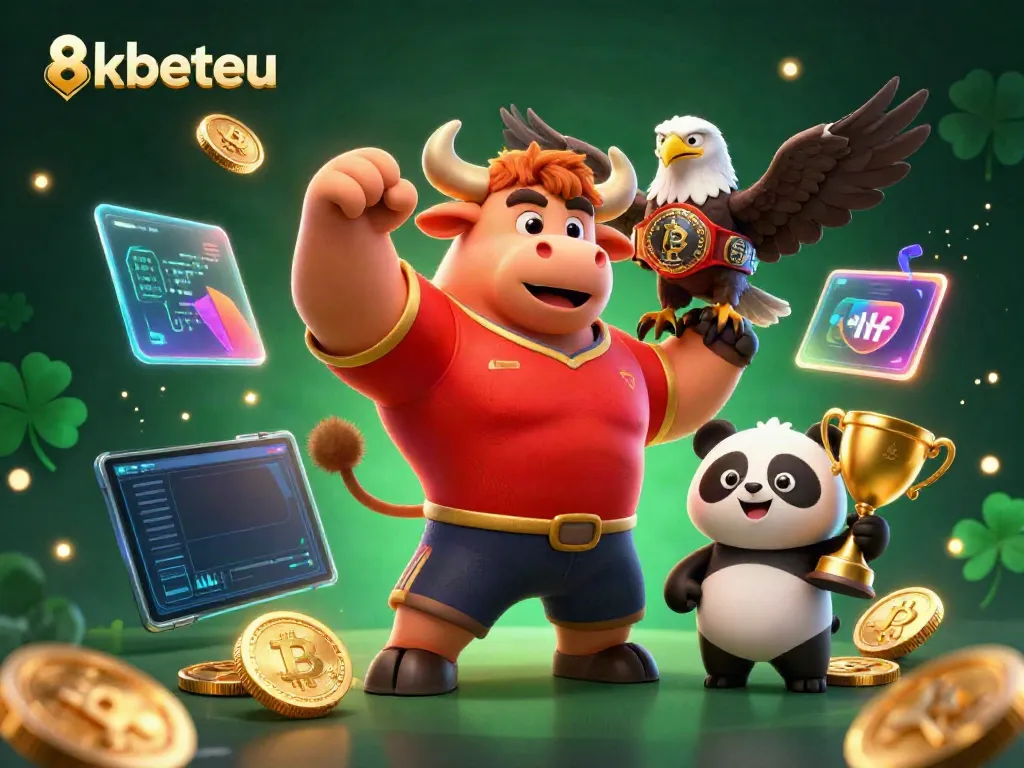 Experience thrilling wins at 8kbeteu with a dynamic casino scene featuring a victorious bull, eagle, and panda.