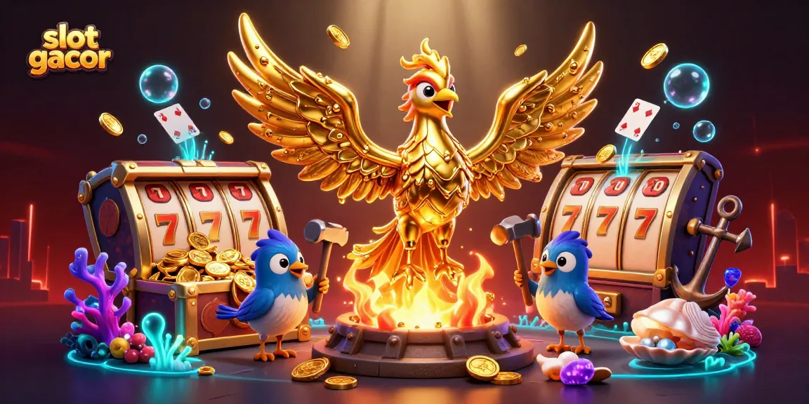 Play and win with slot gacor featuring a molten golden phoenix amidst vibrant casino elements.